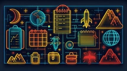 Poster - Produce a neon set of travel planning symbols, including shimmering