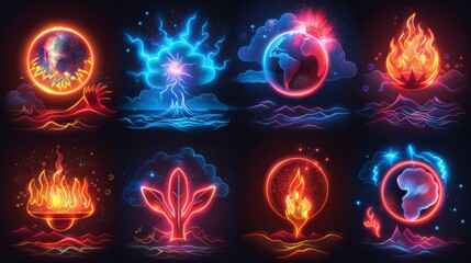 Poster - Produce a neon set of weather disaster symbols, including shimmering