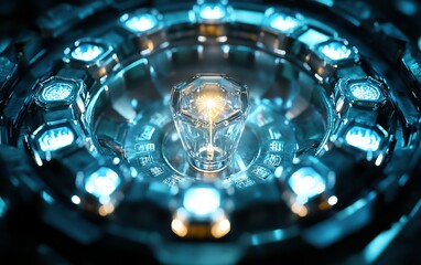 Poster - Closeup of a unique lightbulb design with hexagonal LED filaments, futuristic and stylish, cooltoned lighting, cyberpunk feel, ultrahigh resolution, intricate detail