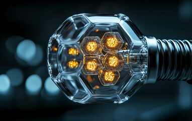 Poster - Closeup of a unique lightbulb design with hexagonal LED filaments, futuristic and stylish, cooltoned lighting, cyberpunk feel, ultrahigh resolution, intricate detail