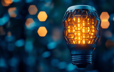 Poster - Closeup of a unique lightbulb design with hexagonal LED filaments, futuristic and stylish, cooltoned lighting, cyberpunk feel, ultrahigh resolution, intricate detail
