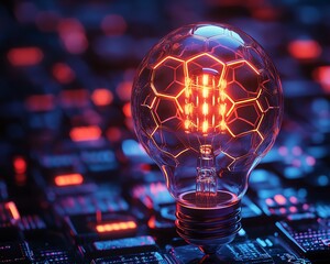 Poster - Closeup of a unique lightbulb design with hexagonal LED filaments, futuristic and stylish, cooltoned lighting, cyberpunk feel, ultrahigh resolution, intricate detail