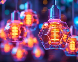 Poster - Closeup of a unique lightbulb design with hexagonal LED filaments, futuristic and stylish, cooltoned lighting, cyberpunk feel, ultrahigh resolution, intricate detail