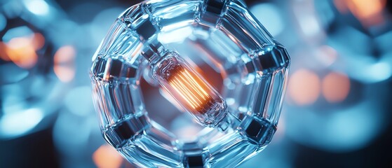 Poster - Closeup of a unique lightbulb design with hexagonal LED filaments, futuristic and stylish, cooltoned lighting, cyberpunk feel, ultrahigh resolution, intricate detail