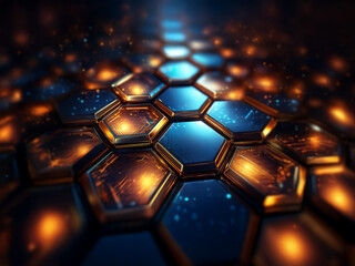 Aufkleber - An abstract image of a hexagonal pattern with a glow emanating from the center. The hexagons are metallic gold and blue with a dark background.