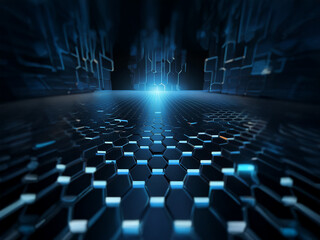 Aufkleber - A glowing blue light emanates from the center of a dark, futuristic environment.