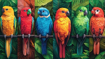 Wall Mural - Colorful parrots on a branch.