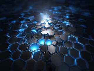 Poster - A close-up view of a repeating hexagonal pattern with a glowing blue light in the center.