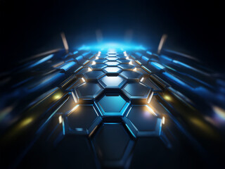 Poster - A dark background with a glowing blue and yellow hexagonal pattern receding into the distance.