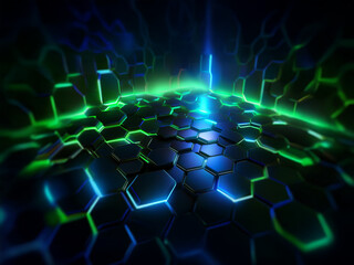 Poster - Abstract image featuring a hexagonal grid with glowing neon green and blue lines.