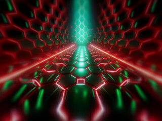 Poster - A futuristic tunnel with a glowing green light at the end, surrounded by a honeycomb-like structure.