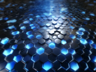 Poster - A dark background with a pattern of blue glowing hexagons on a textured surface.