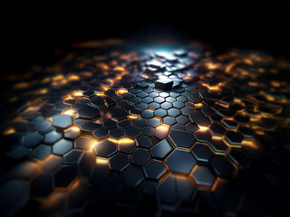 Aufkleber - A dark, abstract background featuring a repeating pattern of glowing hexagonal shapes.