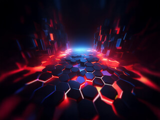 Aufkleber - A dark, futuristic landscape with a glowing path of hexagonal tiles in red and blue light.