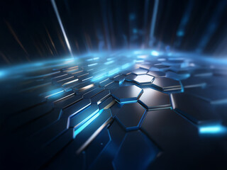 Poster - A futuristic, abstract background featuring a metallic hexagonal grid with bright blue light streaks.