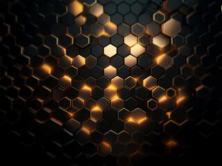 Poster - A dark background with a honeycomb pattern. Some of the cells are glowing orange.