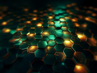 Fototapete - A close-up of a textured surface of teal and gold hexagons with glowing lights emanating from the center of each one.