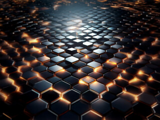 Poster - A grid of dark hexagonal shapes with glowing orange lights emanating from the center.