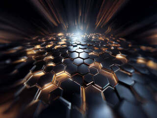 Poster - A dark, abstract image with a honeycomb pattern made up of shiny, metallic, hexagonal shapes with a light source in the distance.