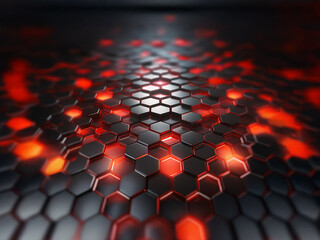 Poster - A dark metallic surface with a repeating hexagonal pattern.  The hexagons are illuminated with a soft glow of red light.
