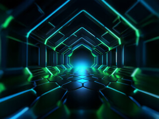 Poster - A futuristic tunnel with neon lights. The floor is made of hexagonal tiles.