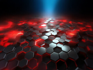 Poster - A black and white hexagonal grid glows red around the edges with a bright blue spotlight.