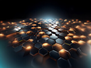 Poster - A grid of shiny black hexagonal tiles glows with warm orange light, fading into a dark, almost black background.
