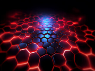 Poster - A grid of black hexagonal shapes, glowing with red and blue light.