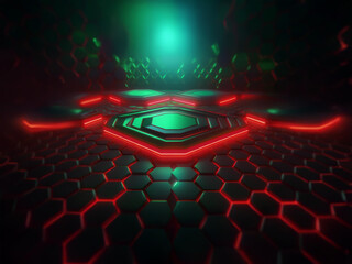 Poster - A futuristic, abstract scene with a glowing green light and red neon lines. The background is a honeycomb pattern.