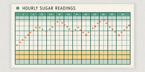 A detailed look at a grid chart with hourly sugar readings clearly showing the numerical values alongside a visual reference line for target levels.