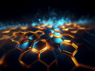 Poster - A close-up view of a metallic honeycomb pattern with glowing blue and orange highlights against a dark background.
