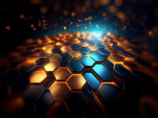 Poster - A  3D digital abstract rendering of a geometric honeycomb pattern with shiny golden and blue hexagons and a glowing background.