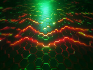 Leinwandbilder - Abstract digital background with glowing red and green lines on a honeycomb pattern.