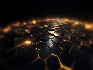 Poster - A dark background with a honeycomb pattern, glowing with warm, orange light.
