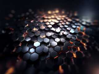 Poster - A close up of a dark, metallic, hexagonal pattern with a glowing orange light shining through the geometric shapes.