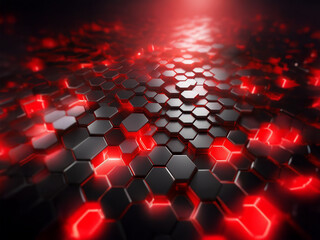 Poster - A dark background with a grid of black hexagons with glowing red lights, creating a futuristic and abstract design.
