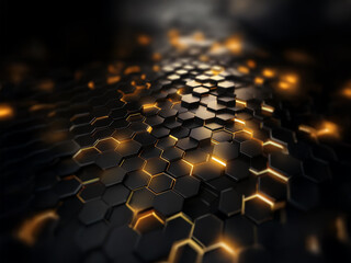 Poster - A dark background with a grid of glowing hexagonal shapes creates a futuristic and technological feel.