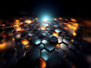 Poster - A futuristic abstract background with a honeycomb pattern, lit from below with a soft, blue light. The hexagons are metallic and textured, with some glowing orange.