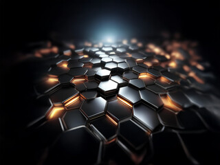 Poster - A dark background with a metallic hexagonal surface. The surface is illuminated with bright orange and blue light.