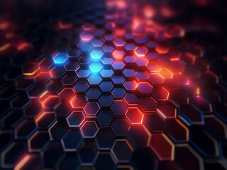 Aufkleber - Abstract geometric pattern of glowing hexagons in red, orange, and blue hues.