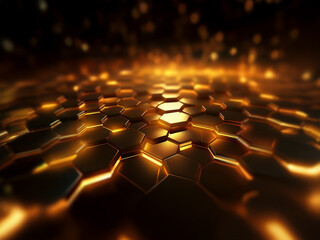 Poster - A glowing, abstract, hexagonal pattern shines brightly against a dark background.