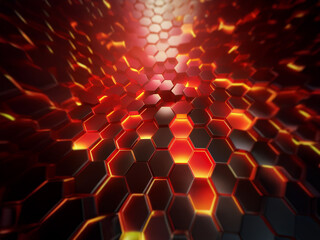 Fototapete - An abstract background featuring a glowing honeycomb pattern in shades of red and orange.