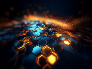 Aufkleber - A close-up of a futuristic, abstract surface with a honeycomb pattern. The surface is illuminated by glowing orange and blue lights.