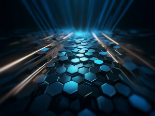 Poster - A dark abstract background featuring a pattern of blue, metallic hexagons illuminated by a white light source.