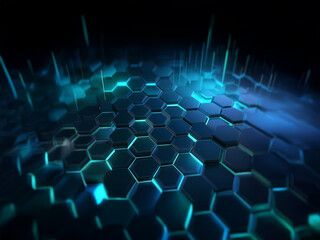 Poster - Abstract hexagonal pattern with glowing blue lines emerging from a dark background.