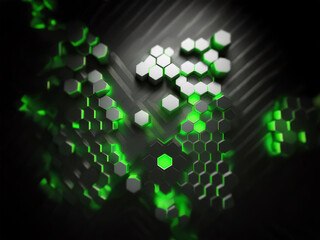 Poster - A cluster of glowing green hexagonal shapes emerge from a black surface with a subtle striped pattern.