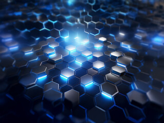 Poster - Abstract blue and gray hexagonal pattern with glowing lights.