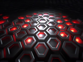 Poster - A dark, abstract background with a repeating pattern of glowing red hexagons.