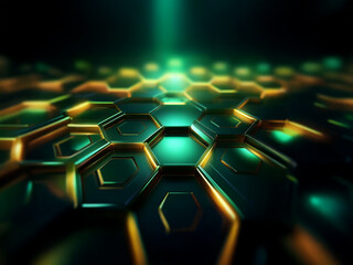 Poster - A close-up view of a metallic honeycomb structure with green and gold highlights. A beam of light shines down from above.