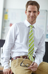 Aufkleber - Confidence, office and portrait of businessman with glasses, pride and online business opportunity at digital agency. Relax, developer or man at desk with professional project manager at tech startup